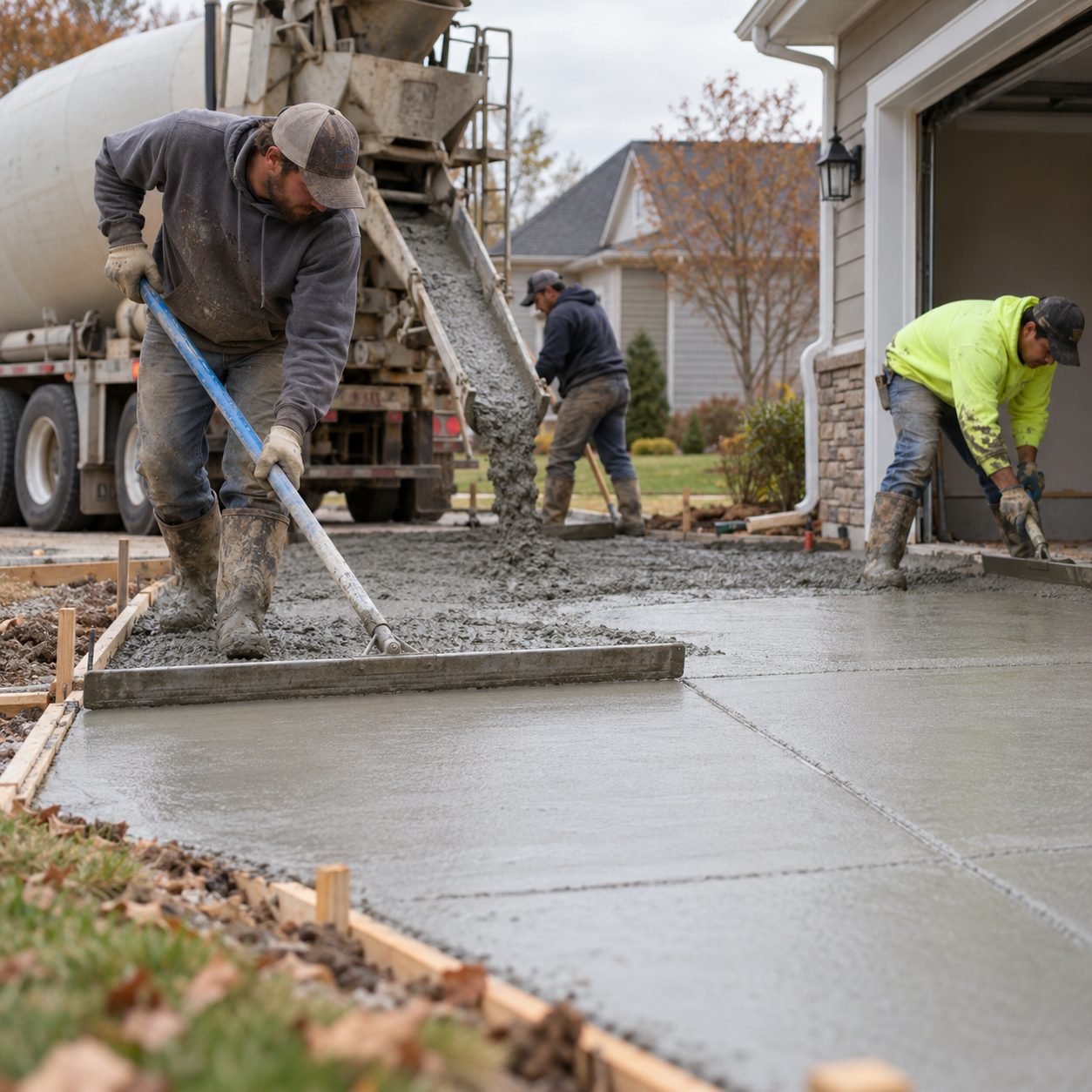 Concrete Contractor in Canadian County - OK setting forms for a new residential driveway pour, Concrete Contractor in Midwest City - OK measuring forms for a new residential driveway pour, Concrete Contractor in Tuttle - OK preparing a driveway base beside a residential garage