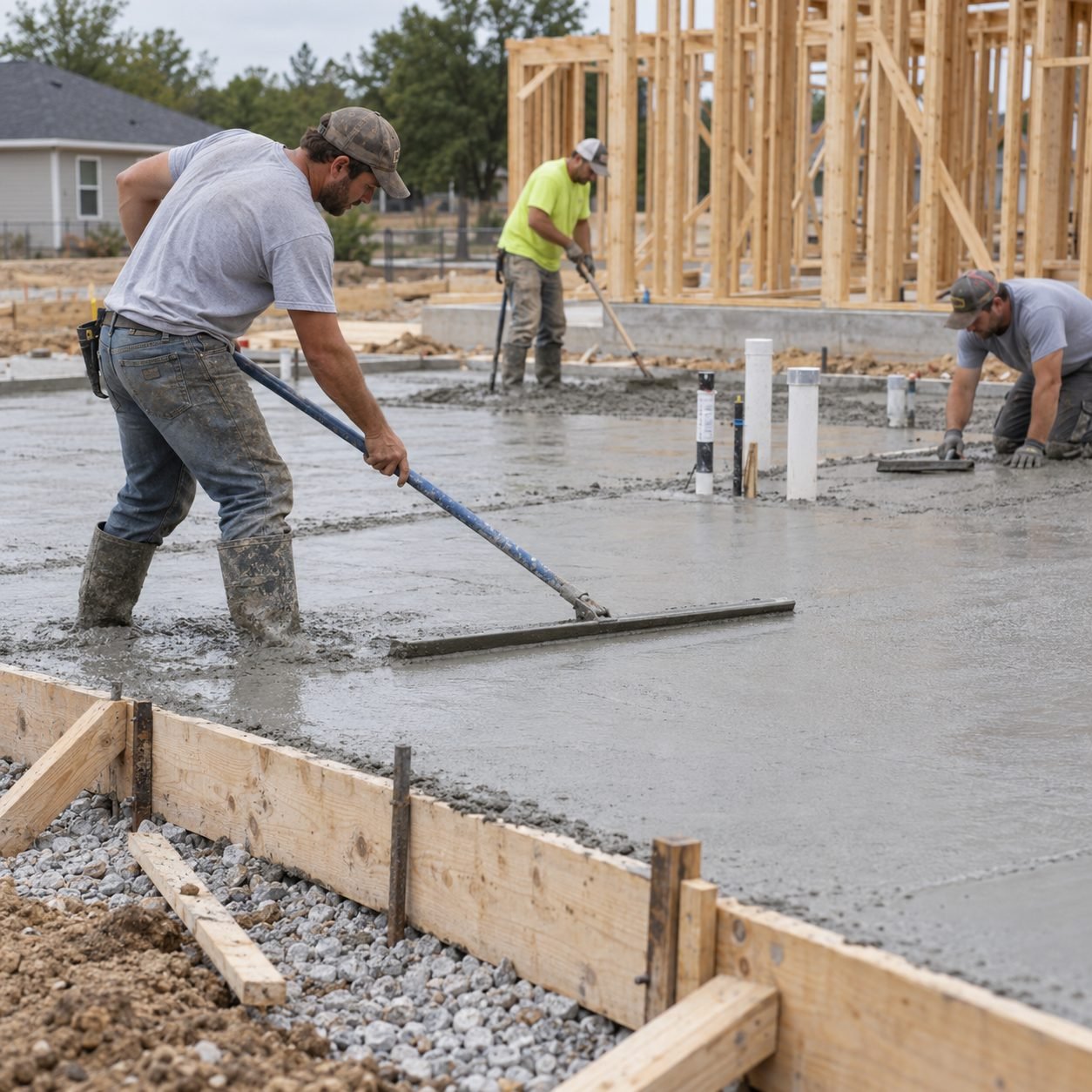 Concrete Contractor smoothing a fresh slab at a Logan County - OK residential property, Concrete Contractor in Mustang - OK leveling fresh concrete for a new residential driveway, Concrete Contractor reviewing slab alignment beside a Piedmont - OK home addition project