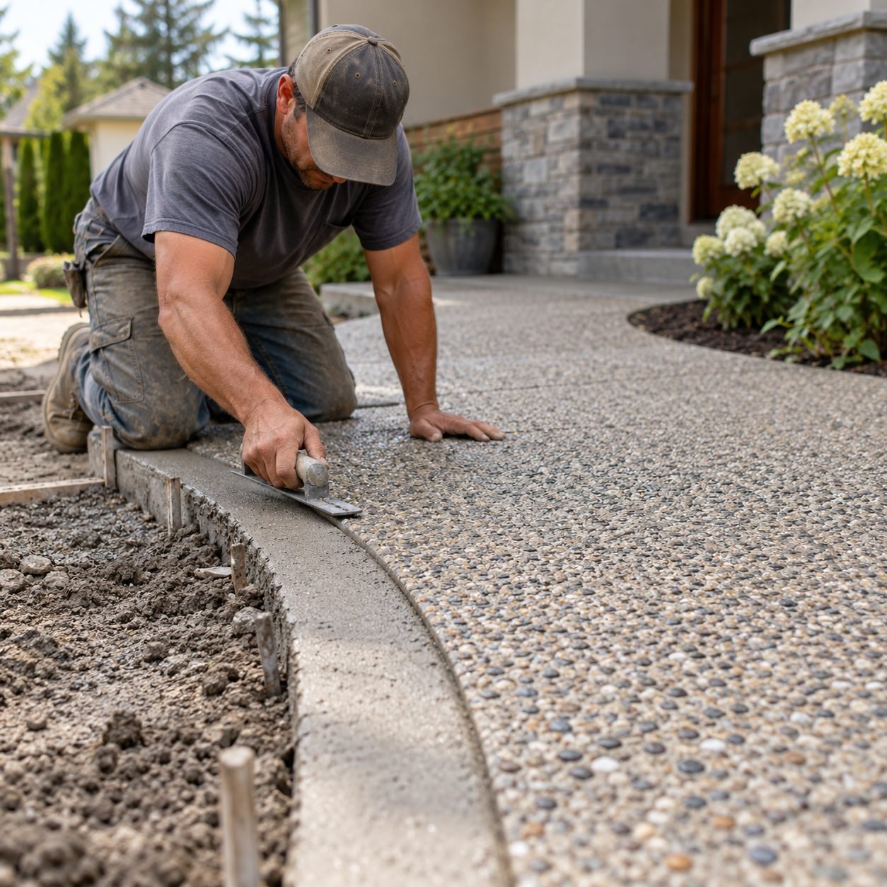 Concrete Contractor checking finish consistency on a slab extension in El Reno - OK, Concrete Contractor in Lexington - OK finishing a new patio slab behind a home, Concrete Contractor checking slab elevation at a Coyle - OK property before finishing work