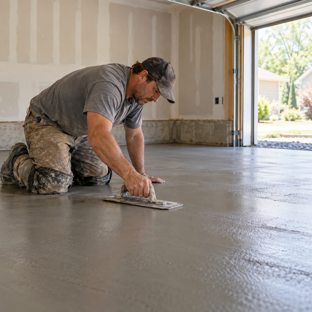 Concrete Contractor checking slab level beside a Cleveland County - OK garage during site preparation, Concrete Contractor smoothing a fresh slab beside a Midwest City - OK garage entrance, Concrete Contractor measuring slab slope beside a garage at a Minco - OK property
