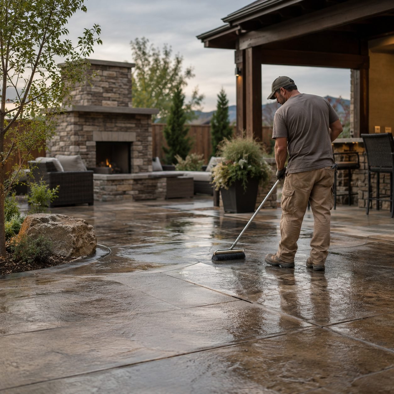 Concrete Contractor in Edmond - OK checking forms before pouring a new backyard patio, Concrete Contractor in Yukon - OK setting forms for a new backyard patio installation, Concrete Contractor in Noble - OK preparing a patio base beside a backyard fence