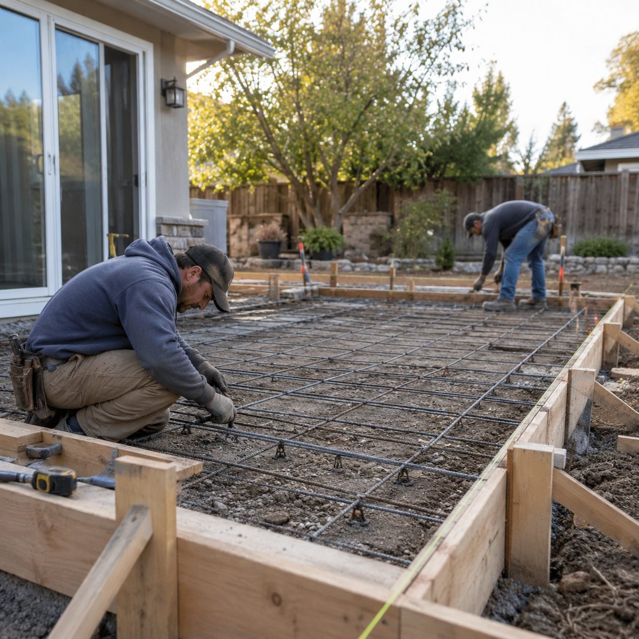 Concrete Contractor in Grady County - OK checking slab forms beside a new shop foundation, Concrete Contractor in Del City - OK setting forms for a new patio beside a home, Concrete Contractor in Alex - OK preparing forms for a new residential driveway pour