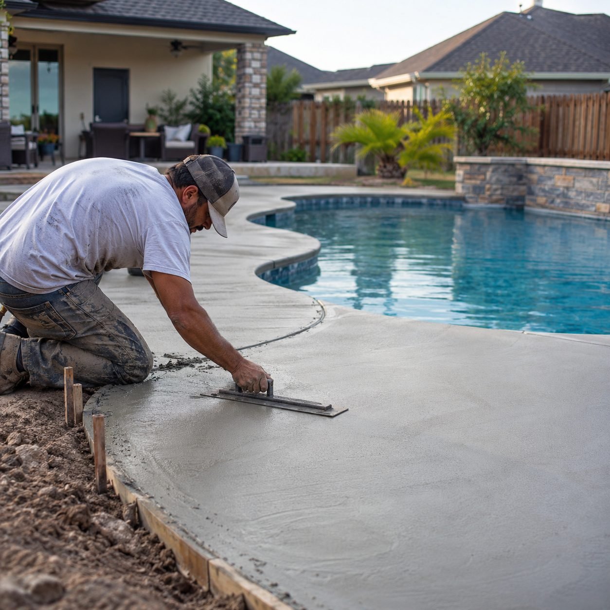 Concrete Contractor checking slab alignment and finish quality at a property in Tuttle - OK, Concrete Contractor in Piedmont - OK finishing a new residential driveway apron at sunrise, Concrete Contractor measuring slope on a Mulhall - OK driveway before a replacement pour