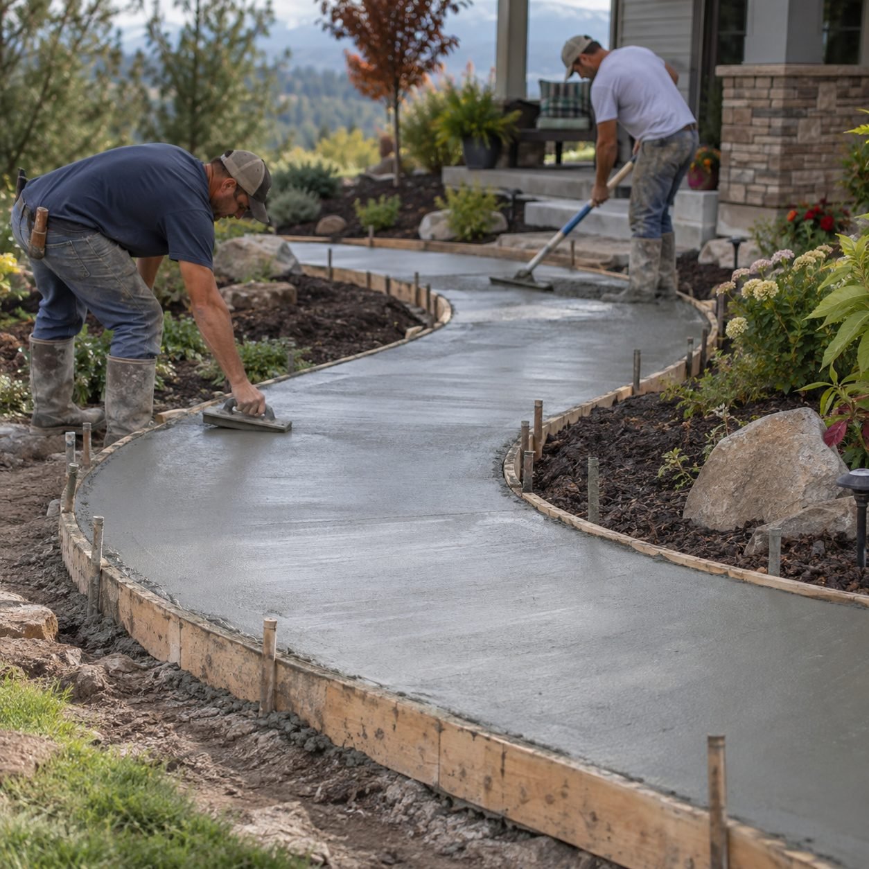 Concrete Contractor leveling a fresh walkway beside an Edmond - OK home entrance, Concrete Contractor smoothing a fresh slab beside a Norman - OK home entry, Concrete Contractor in Coyle - OK pouring a new driveway apron beside a rural home