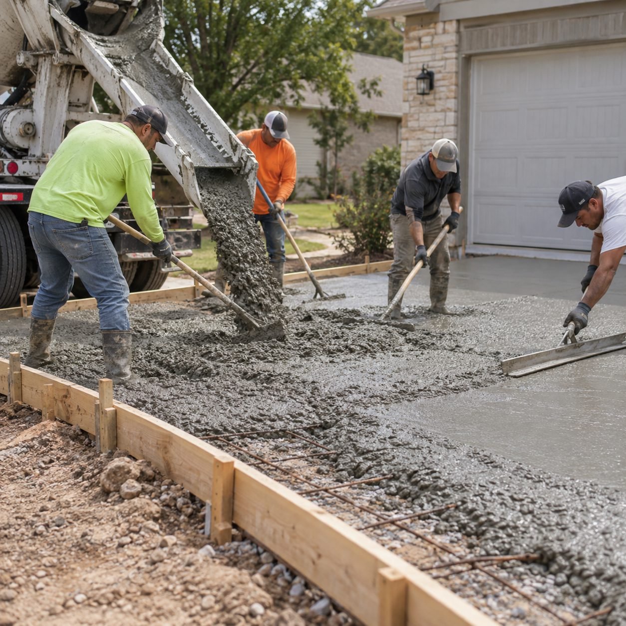 Concrete Contractor in Oklahoma County - OK reviewing driveway forms before a residential slab pour, Concrete Contractor in Logan County - OK setting forms for a new residential driveway apron, Concrete Contractor in Bethany - OK preparing forms for a new residential driveway replacement
