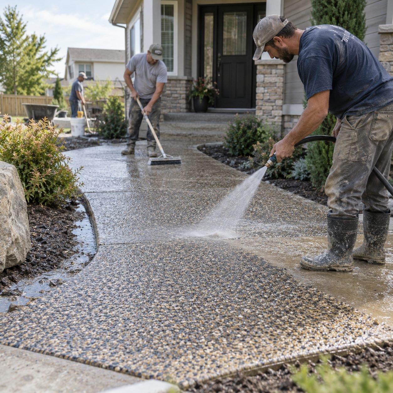 Concrete Contractor leveling fresh sidewalk concrete at a Moore - OK residential entry, Concrete Contractor smoothing a fresh slab near a Noble - OK garage entrance