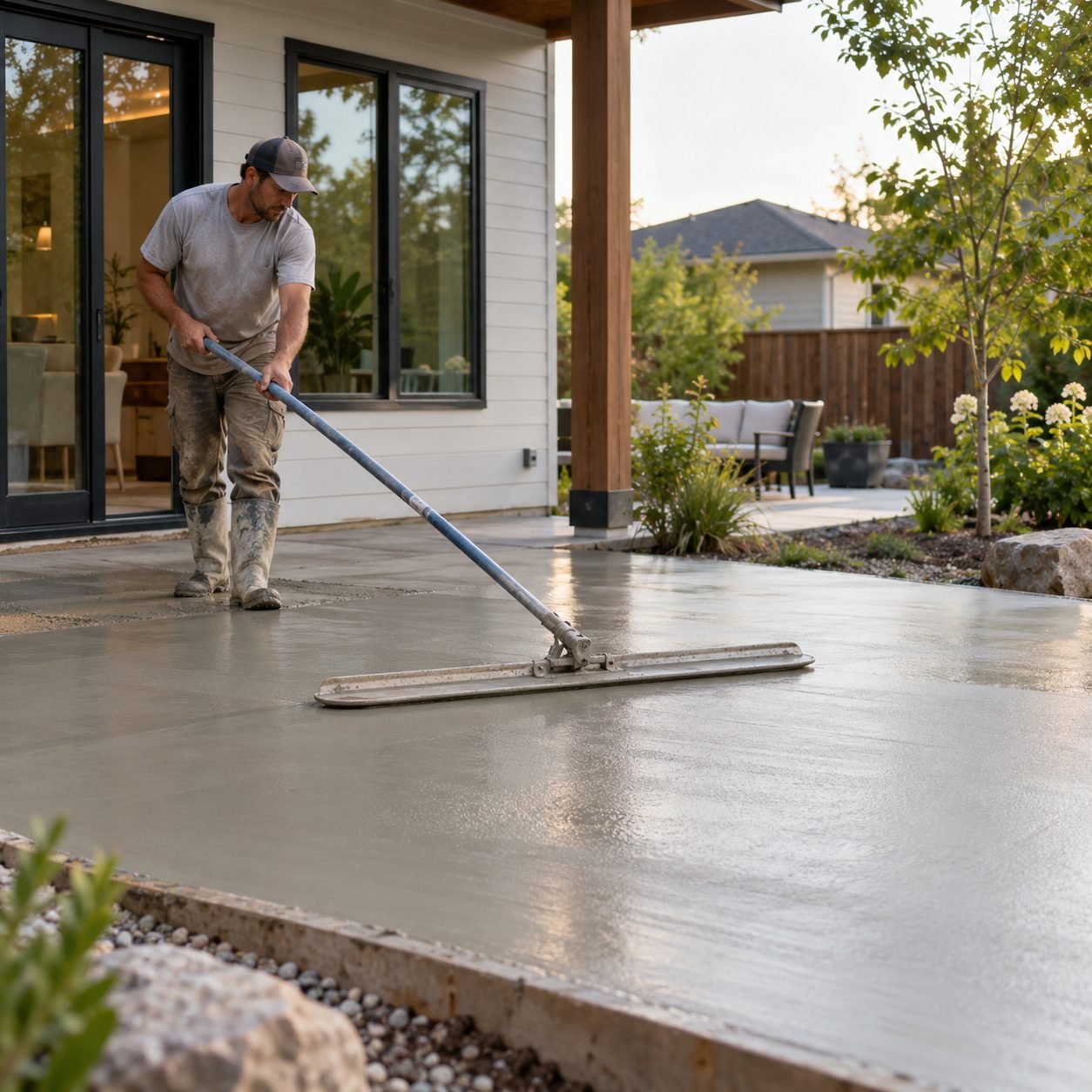 Concrete Contractor in Cleveland County - OK preparing forms for a new patio beside a home, Concrete Contractor in Chickasha - OK setting forms for a new patio beside a home, Concrete Contractor checking surface level on a patio project at a Rush Springs - OK home