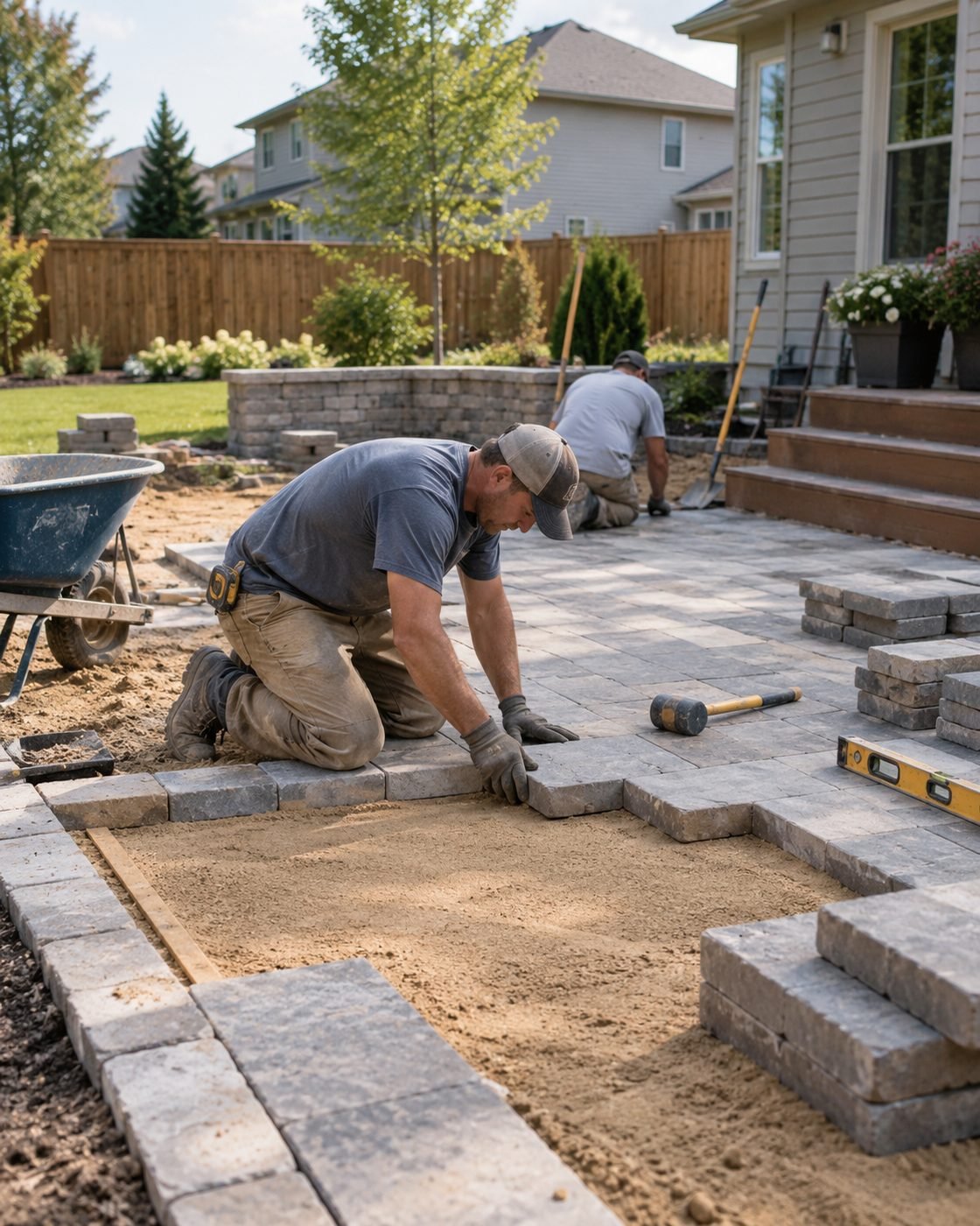 Concrete Contractor leveling a slab edge at a Slaughterville - OK residential site, Concrete Contractor measuring slope beside a Langston - OK driveway before replacement work