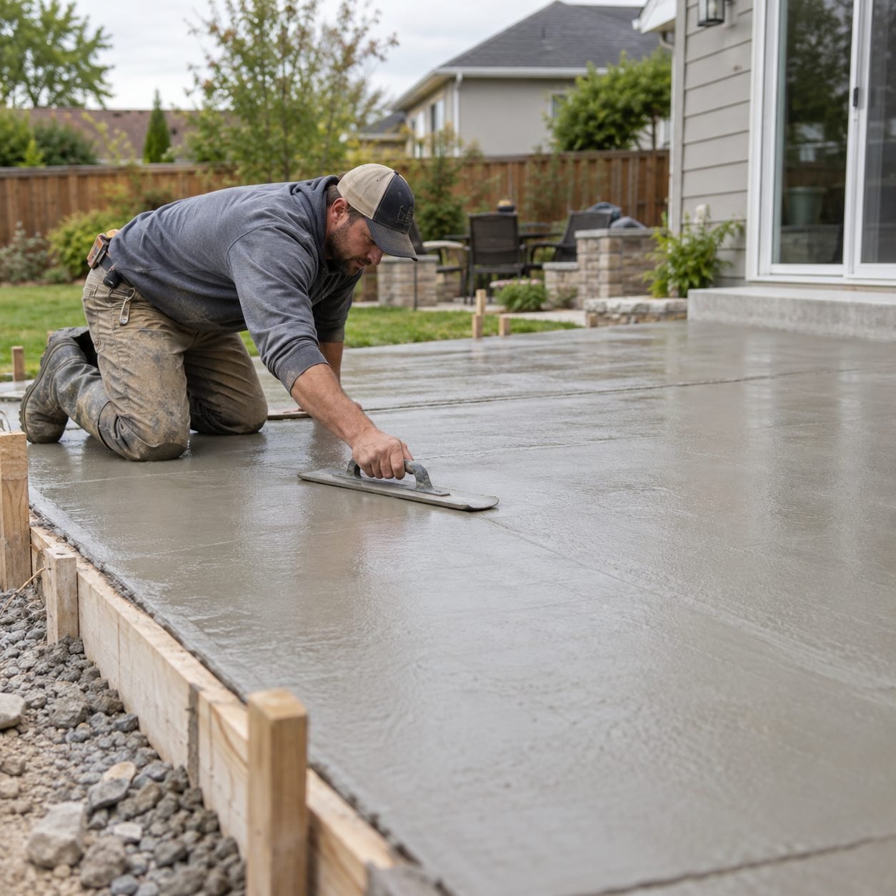 Concrete Patio near me, Concrete Patios in Rush Springs - OK taking shape as a crew finishes a backyard slab, Concrete Patios in Del City - OK being finished beside a backyard table and grill area