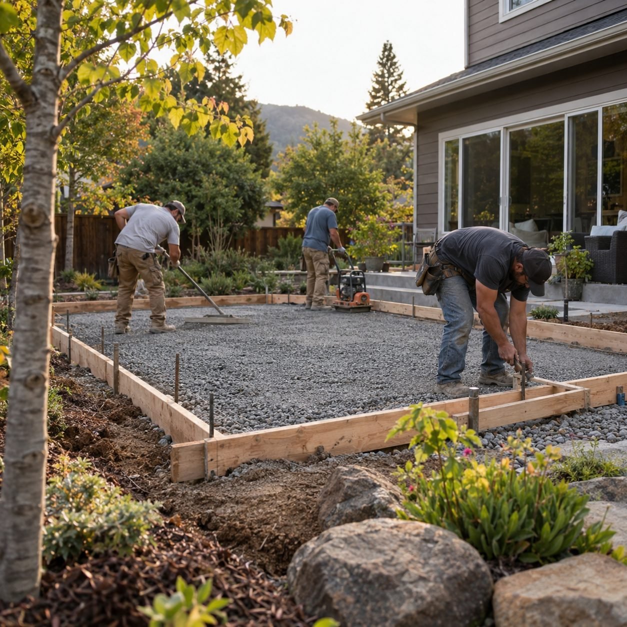 Concrete Patios in Bethany - OK being poured behind a home with forms and base prepared