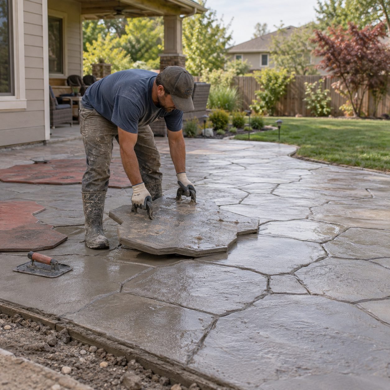 Installer finishing concrete patios at an Edmond - OK home with careful surface pattern work