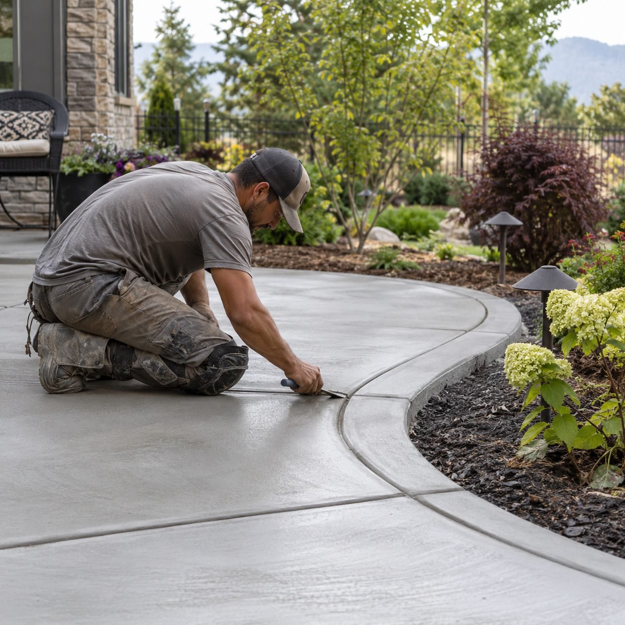 Crew shaping concrete patios at an Oklahoma City - OK home before final surface finishing, Workers edging concrete patios beside a Chickasha - OK home to create a clean backyard surface