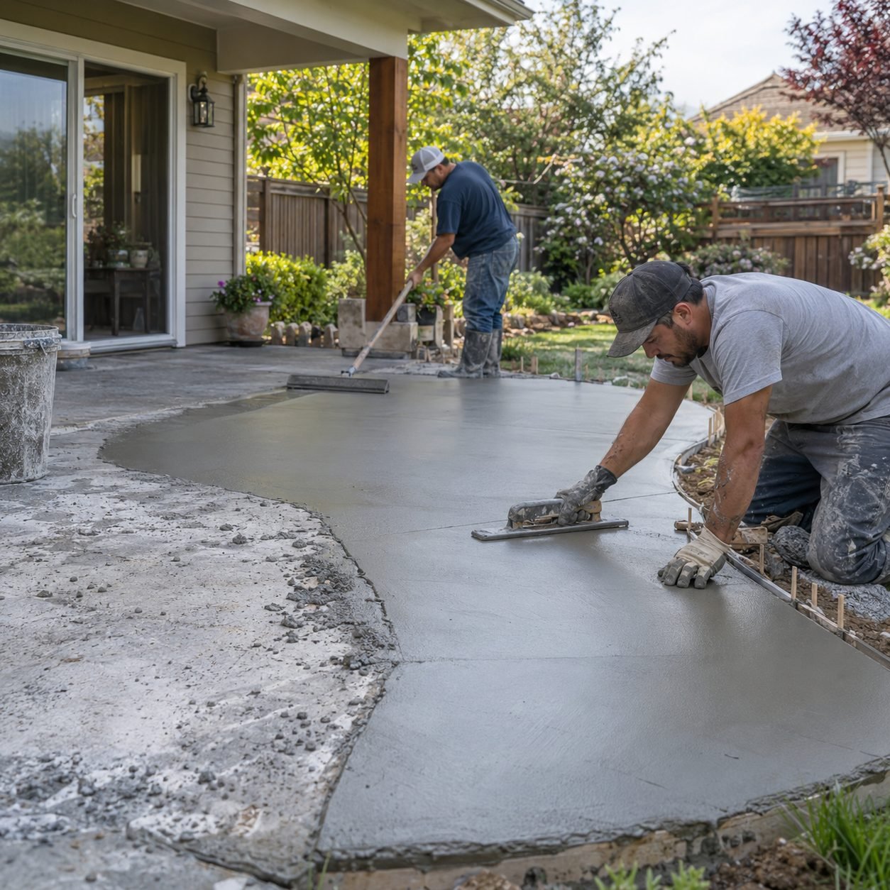 Crew finishing Concrete Patios beside a Rush Springs - OK home for a cleaner outdoor gathering space, Crew shaping Concrete Patios at a Yukon - OK home with careful finishing tools and layout lines