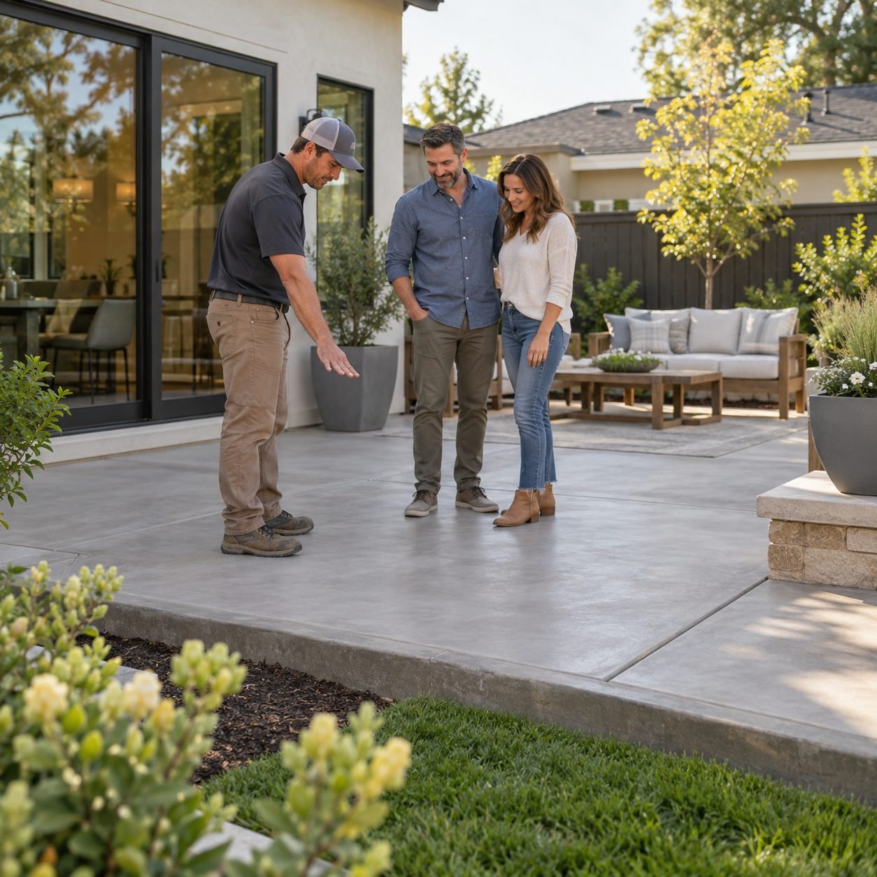 Concrete Patios in Tuttle - OK being finished as a crew smooths a backyard entertainment area