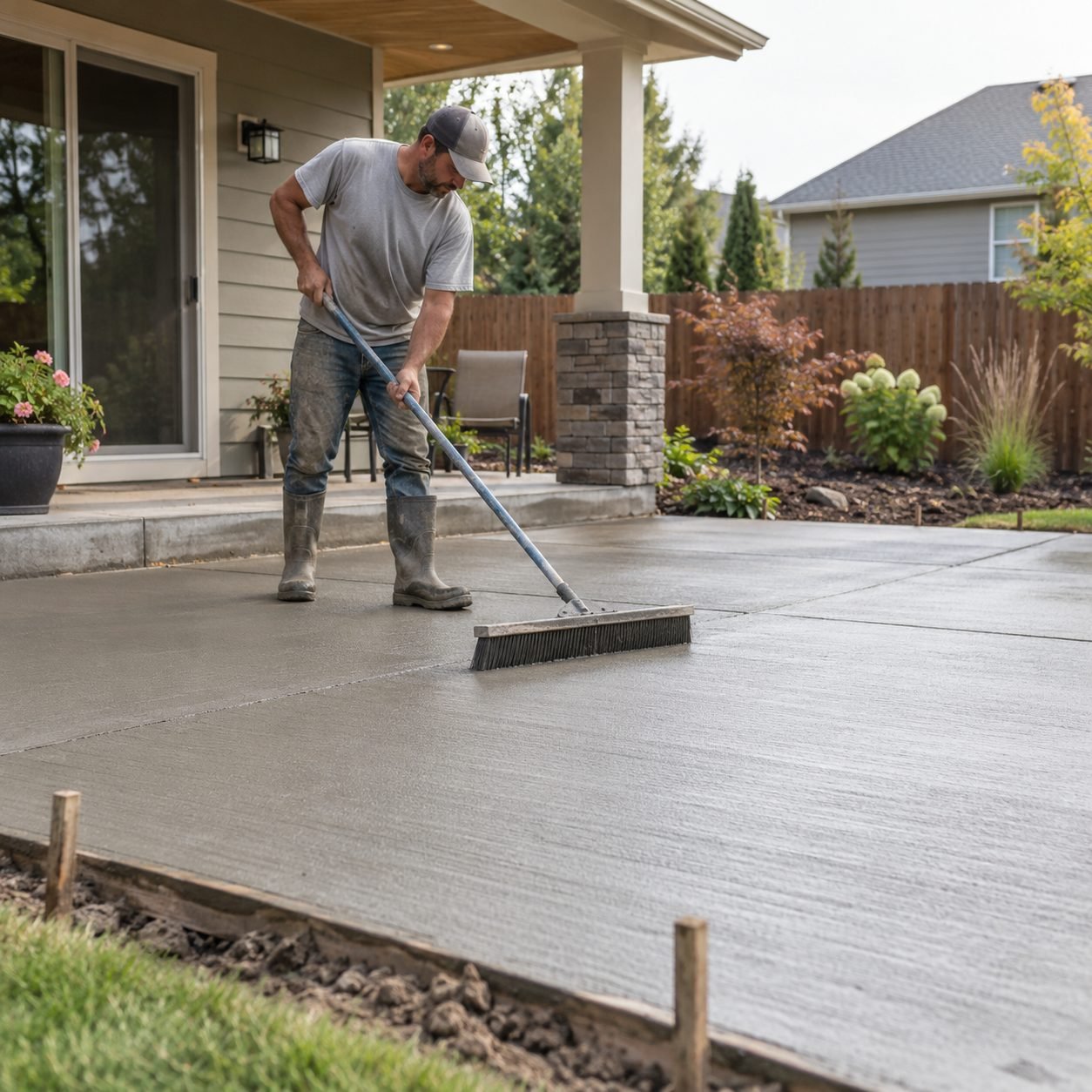 Concrete Patios in Midwest City - OK being stamped beside a fenced backyard seating area, Contractor smoothing concrete patios at a Del City - OK home with backyard access