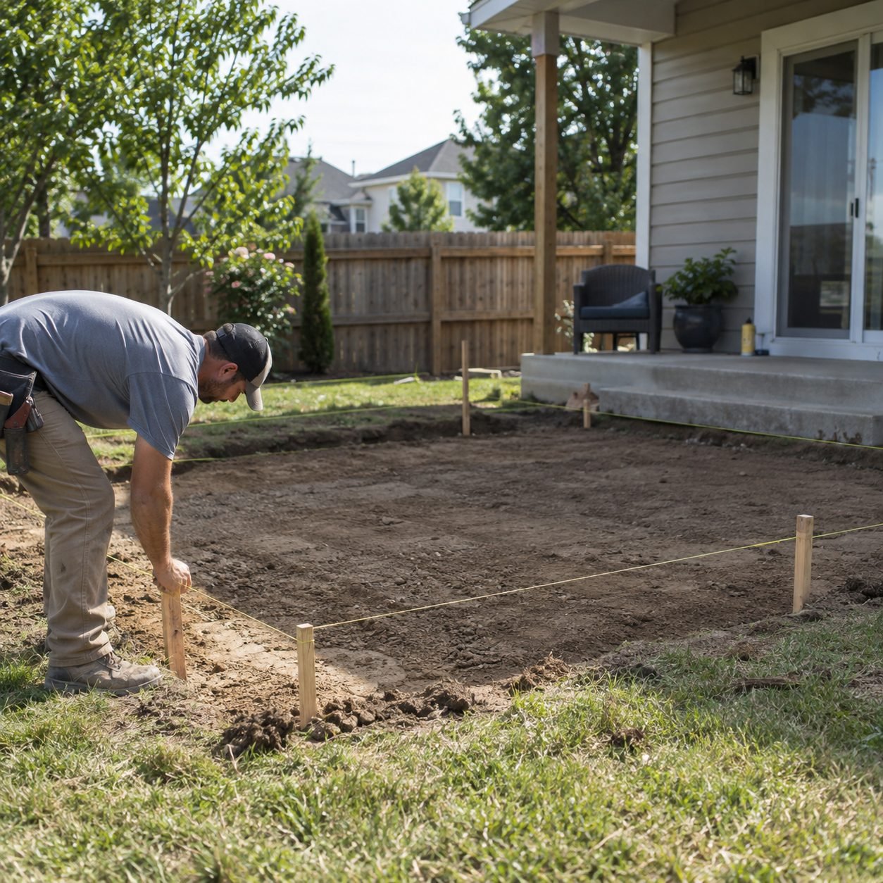 Crew shaping concrete patios at a Tuttle - OK home to improve backyard seating space