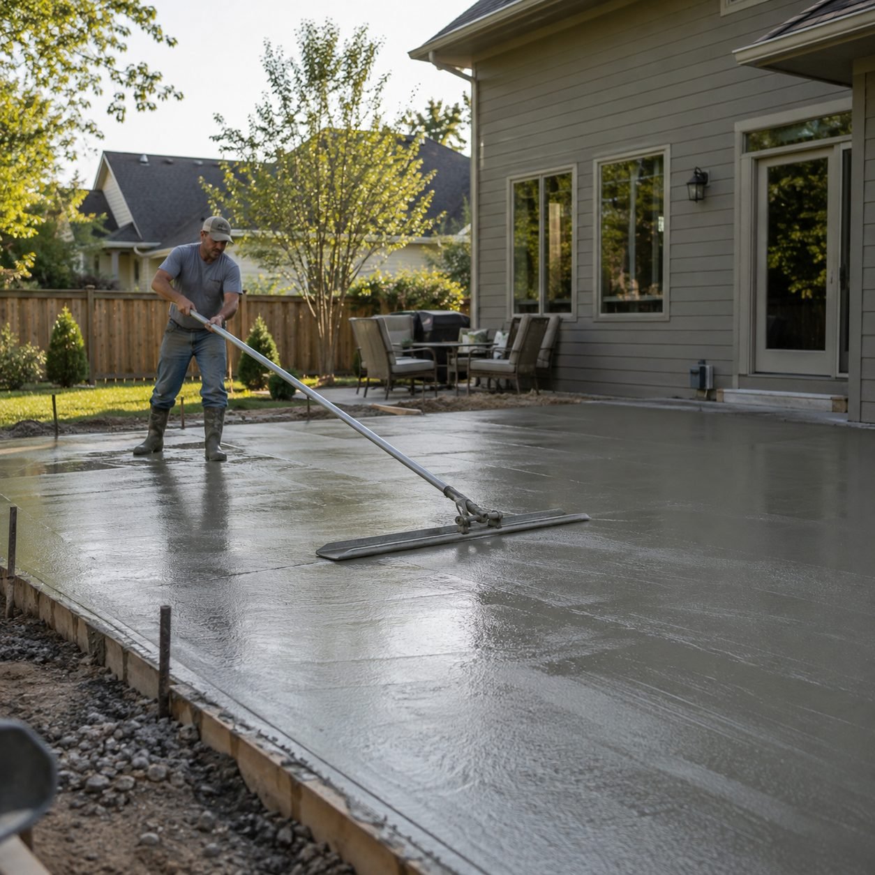 Workers shaping Concrete Patios at an Alex - OK home to create a level outdoor living area, Workers finishing concrete patios beside a Minco - OK home to create a cleaner backyard area
