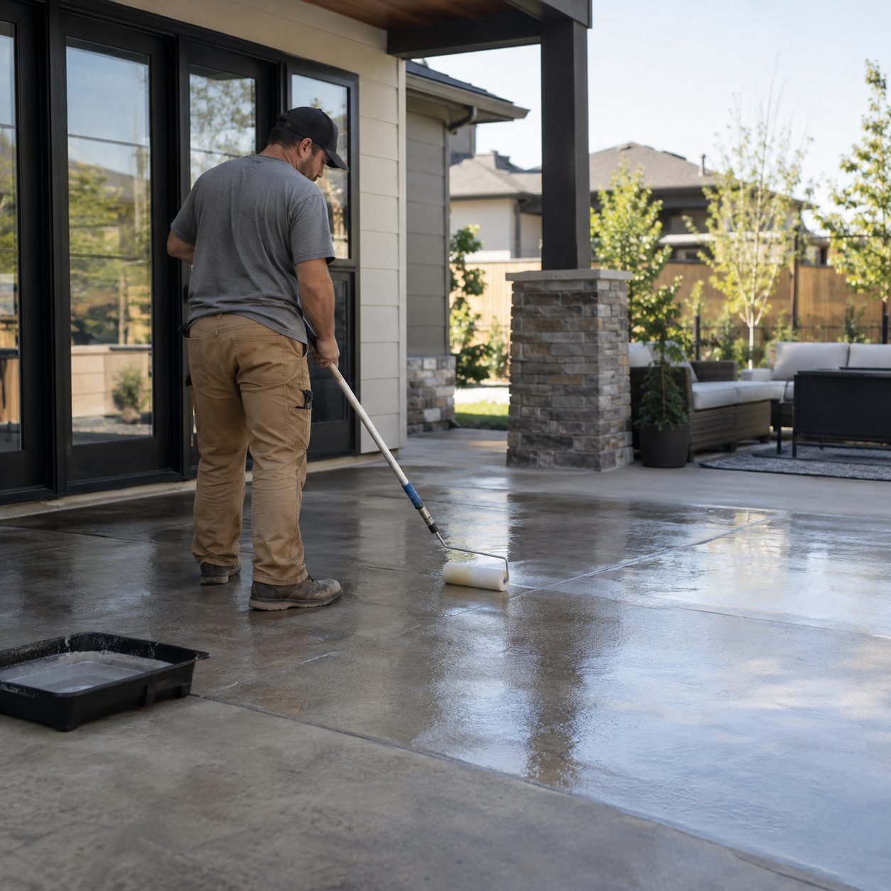 Crew texturing concrete patios at a Midwest City - OK home near a rear entry, Crew finishing concrete patios at a Bethany - OK backyard entrance near the rear steps