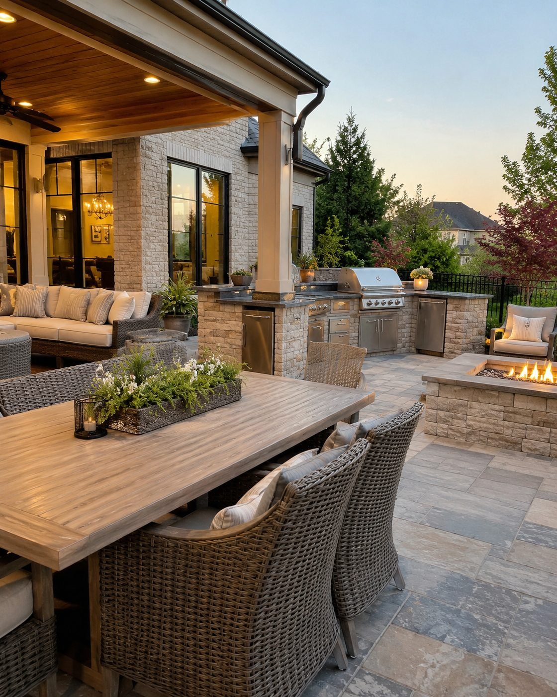 Concrete Patios in Yukon - OK being stamped and finished beside a backyard entertaining area, Concrete Patios in Edmond - OK being textured beside a backyard dining area